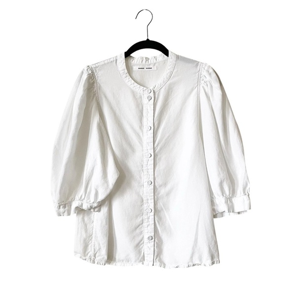 Samsoe Samsoe Mejse Shirt Women's Size L Bright White Button Down Puff Sleeves - Picture 2 of 6